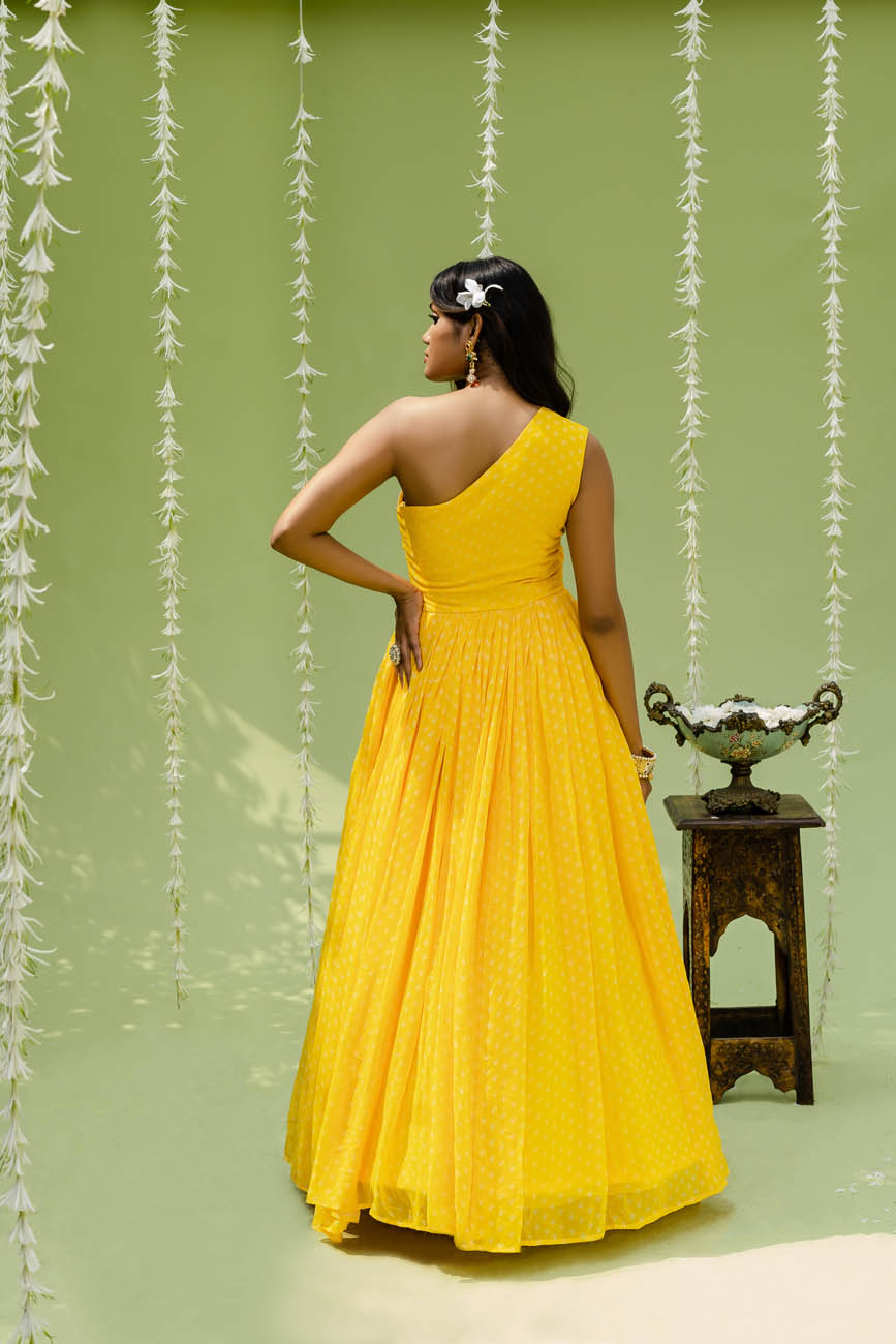 Embroidered Printed Sunny Yellow Gown